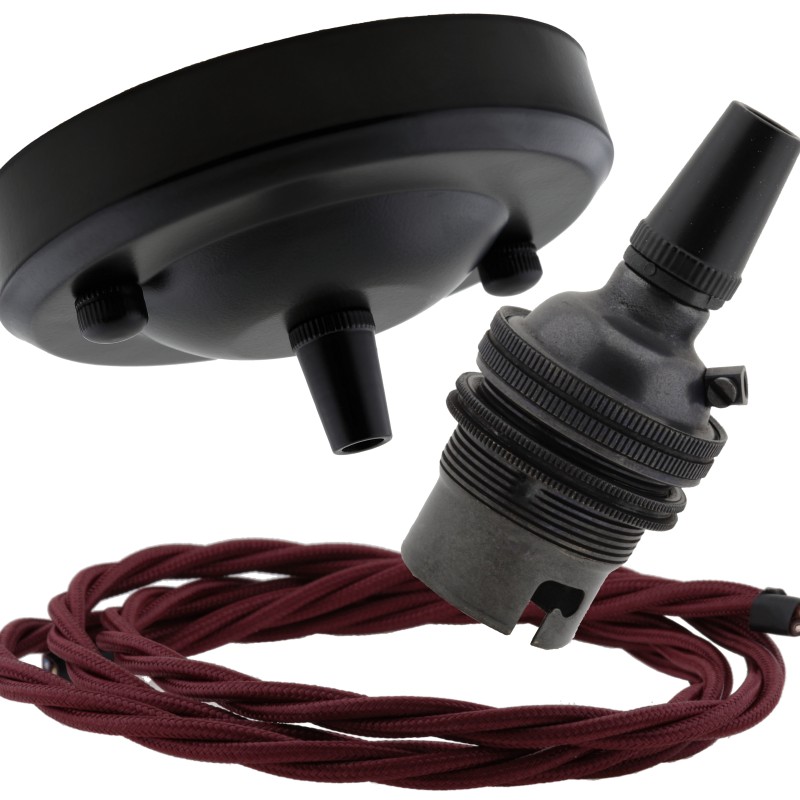 Ceiling Pendant Kit with Large Rose and B22 Lampholder in Matte Black Finish with Rich Burgundy Flex Ceiling Pendant Kit with Large Rose and B22 Lampholder in Matte Black Finish with Rich Burgundy Flex