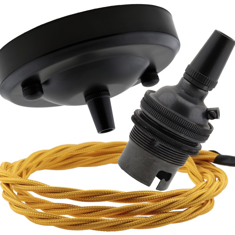 Ceiling Pendant Kit with Large Rose and B22 Lampholder in Matte Black Finish with Gold Flex Ceiling Pendant Kit with Large Rose and B22 Lampholder in Matte Black Finish with Gold Flex