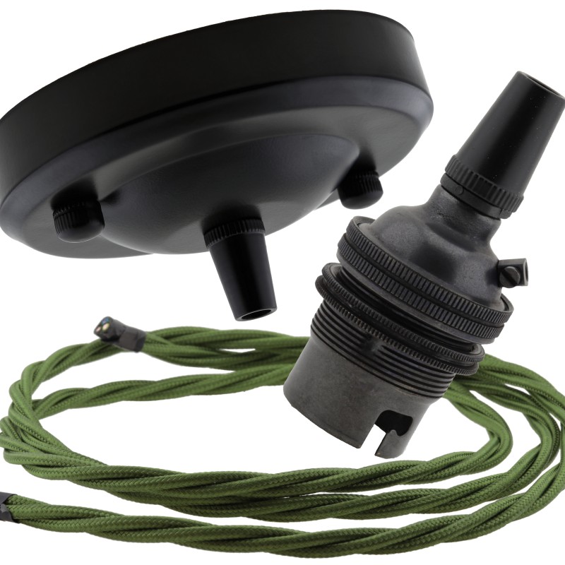 Ceiling Pendant Kit with Large Rose and B22 Lampholder in Matte Black Finish with Green Flex Ceiling Pendant Kit with Large Rose and B22 Lampholder in Matte Black Finish with Green Flex
