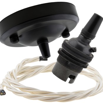 Ceiling Pendant Kit with Large Rose and B22 Lampholder in Matte Black Finish with Classic Ivory Flex