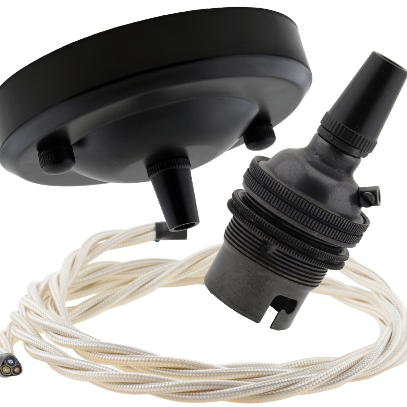 Ceiling Pendant Kit with Large Rose and B22 Lampholder in Matte Black Finish with Classic Ivory Flex Ceiling Pendant Kit with Large Rose and B22 Lampholder in Matte Black Finish with Classic Ivory Flex
