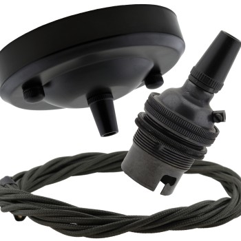 Ceiling Pendant Kit with Large Rose and B22 Lampholder in Matte Black Finish with Khaki Green Flex