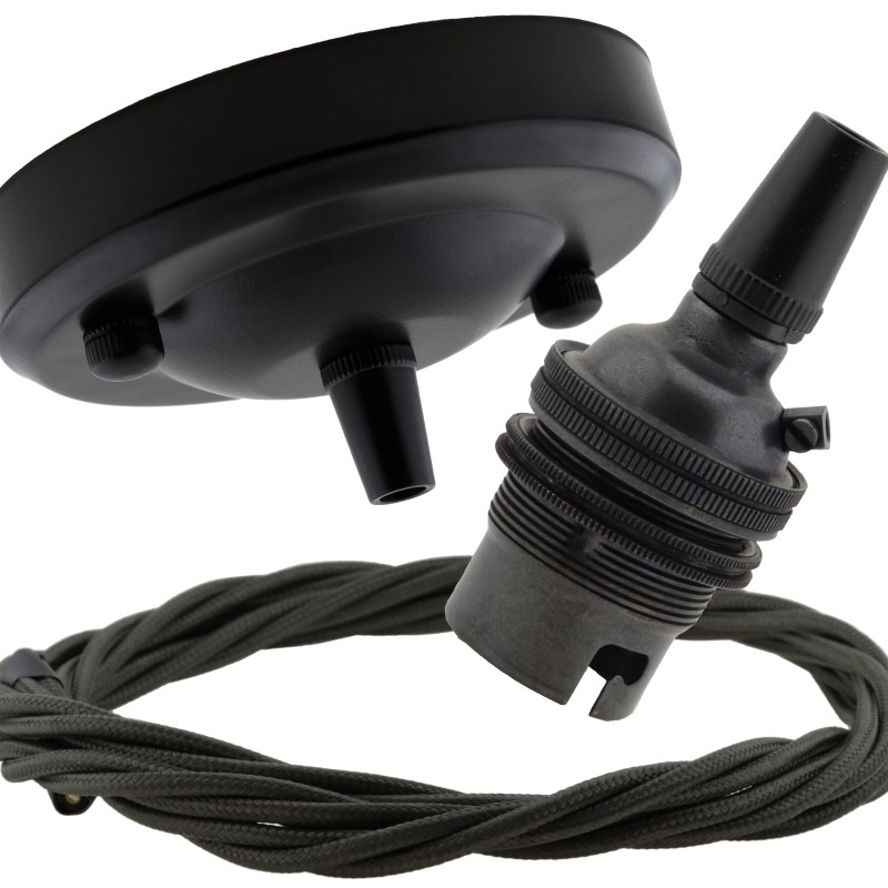 Ceiling Pendant Kit with Large Rose and B22 Lampholder in Matte Black Finish with Khaki Green Flex Ceiling Pendant Kit with Large Rose and B22 Lampholder in Matte Black Finish with Khaki Green Flex