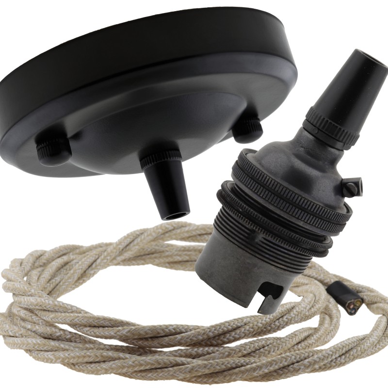Ceiling Pendant Kit with Large Rose and B22 Lampholder in Matte Black Finish with Linen Effect Flex Ceiling Pendant Kit with Large Rose and B22 Lampholder in Matte Black Finish with Linen Effect Flex