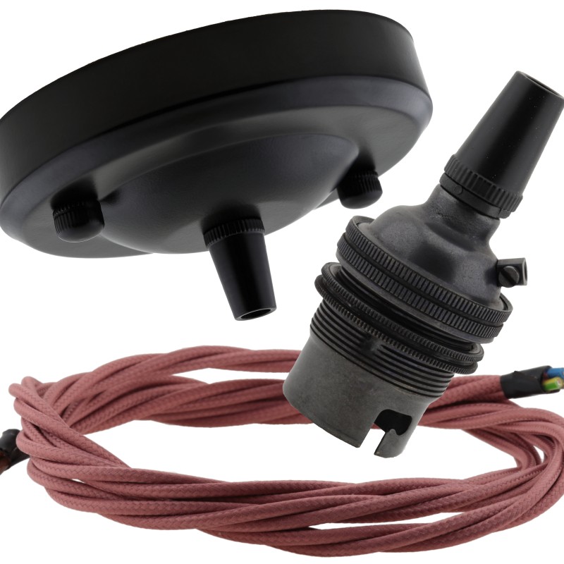 Ceiling Pendant Kit with Large Rose and B22 Lampholder in Matte Black Finish with Dusky Pink Flex Ceiling Pendant Kit with Large Rose and B22 Lampholder in Matte Black Finish with Dusky Pink Flex