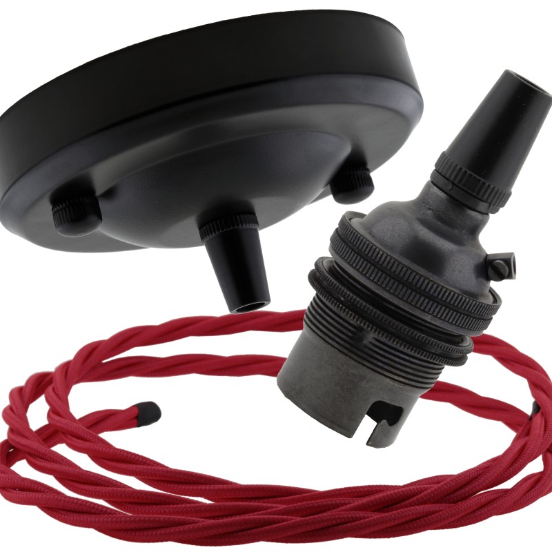 Ceiling Pendant Kit with Large Rose and B22 Lampholder in Matte Black Finish with Bright Red Flex Ceiling Pendant Kit with Large Rose and B22 Lampholder in Matte Black Finish with Bright Red Flex