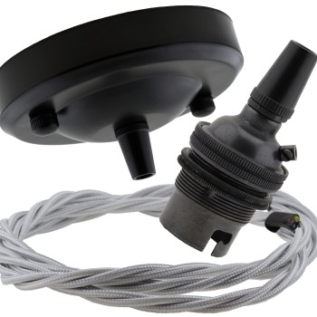 Ceiling Pendant Kit with Large Rose and B22 Lampholder in Matte Black Finish with Silver Grey Flex