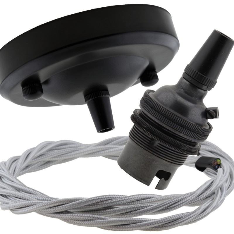 Ceiling Pendant Kit with Large Rose and B22 Lampholder in Matte Black Finish with Silver Grey Flex Ceiling Pendant Kit with Large Rose and B22 Lampholder in Matte Black Finish with Silver Grey Flex