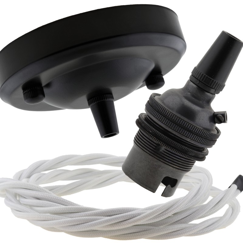 Ceiling Pendant Kit with Large Rose and B22 Lampholder in Matte Black Finish with White Flex Ceiling Pendant Kit with Large Rose and B22 Lampholder in Matte Black Finish with White Flex