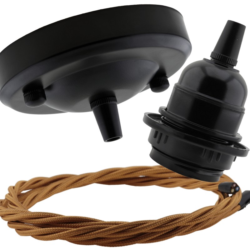 Ceiling Pendant Kit with Large Rose and E27 Lampholder in Matte Black Finish with Antique Gold Flex Ceiling Pendant Kit with Large Rose and E27 Lampholder in Matte Black Finish with Antique Gold Flex