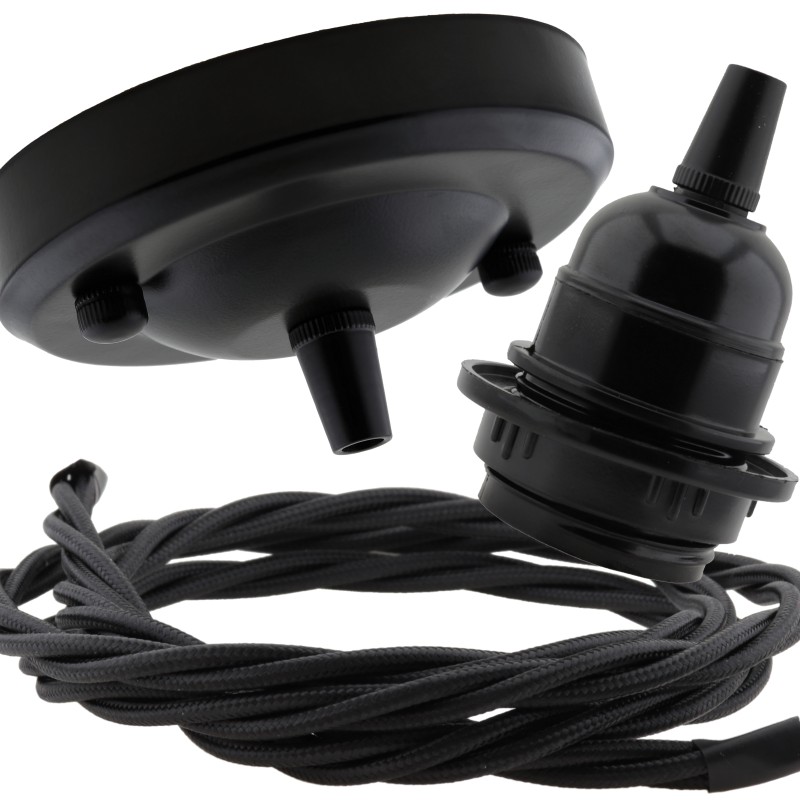 Ceiling Pendant Kit with Large Rose and E27 Lampholder in Matte Black Finish with Black Flex Ceiling Pendant Kit with Large Rose and E27 Lampholder in Matte Black Finish with Black Flex