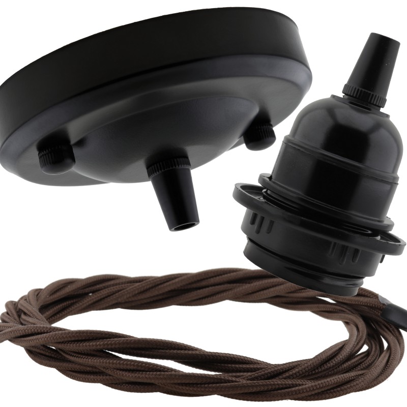 Ceiling Pendant Kit with Large Rose and E27 Lampholder in Matte Black Finish with Bronze Flex Ceiling Pendant Kit with Large Rose and E27 Lampholder in Matte Black Finish with Bronze Flex