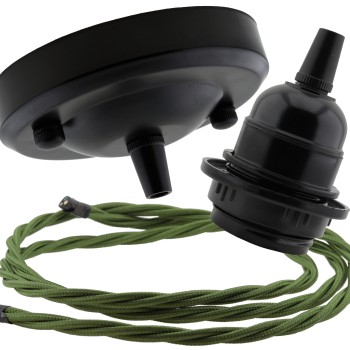 Ceiling Pendant Kit with Large Rose and E27 Lampholder in Matte Black Finish with Gold Flex