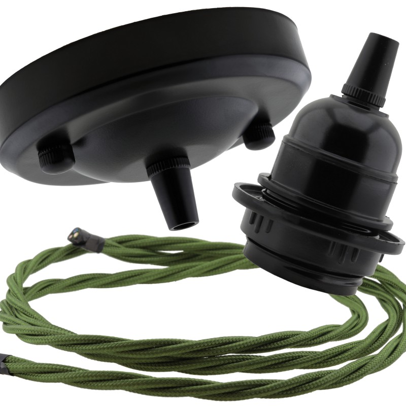 Ceiling Pendant Kit with Large Rose and E27 Lampholder in Matte Black Finish with Gold Flex Ceiling Pendant Kit with Large Rose and E27 Lampholder in Matte Black Finish with Gold Flex