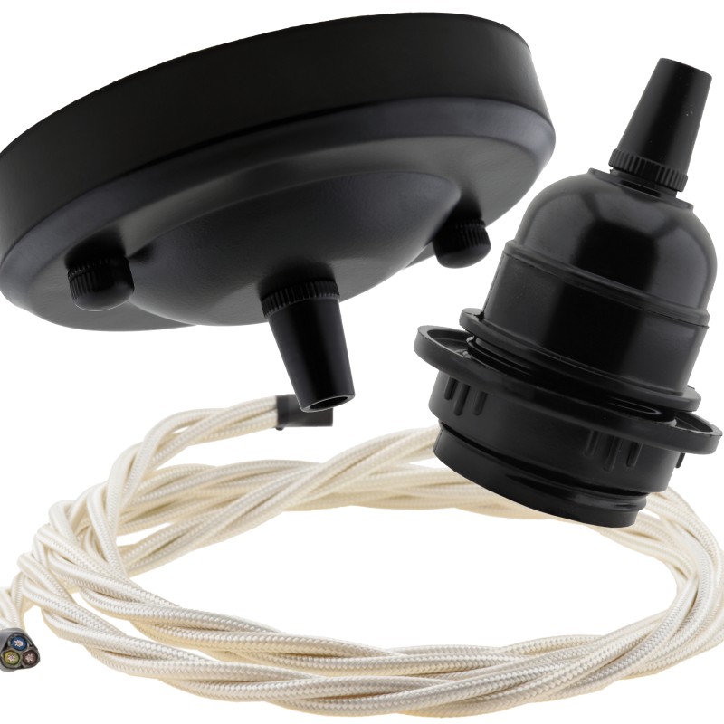 Ceiling Pendant Kit with Large Rose and E27 Lampholder in Matte Black Finish with Green Flex Ceiling Pendant Kit with Large Rose and E27 Lampholder in Matte Black Finish with Green Flex