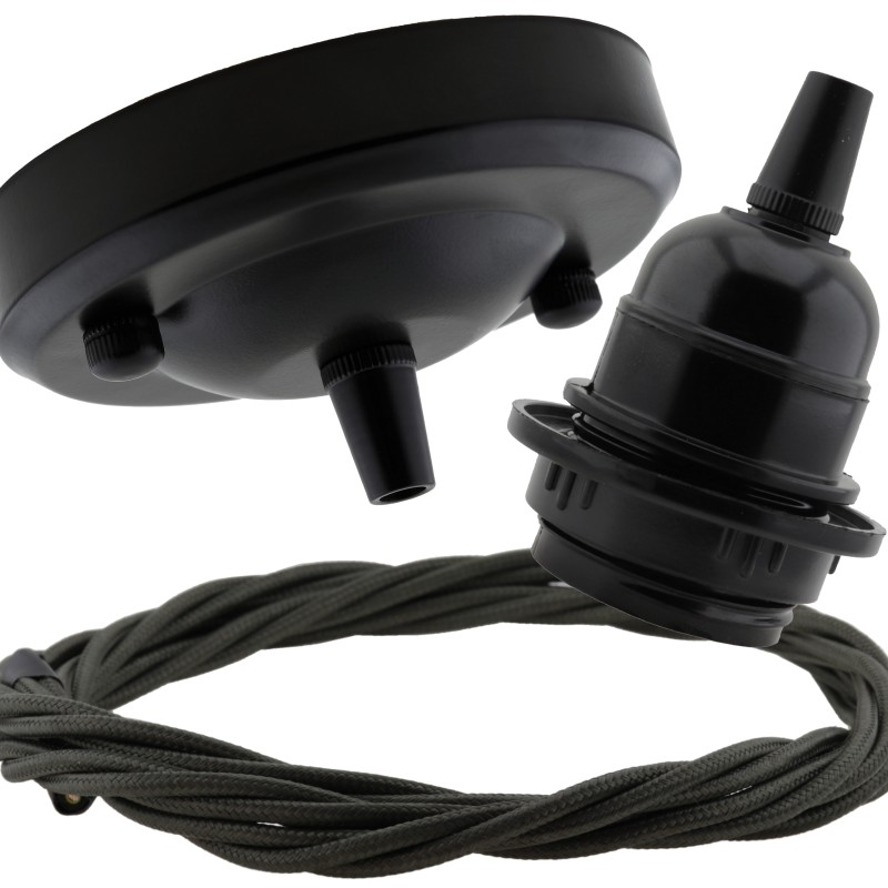Ceiling Pendant Kit with Large Rose and E27 Lampholder in Matte Black Finish with Khaki Green Flex Ceiling Pendant Kit with Large Rose and E27 Lampholder in Matte Black Finish with Khaki Green Flex