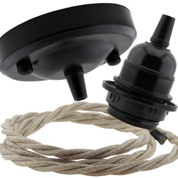 Ceiling Pendant Kit with Large Rose and E27 Lampholder in Matte Black Finish with Linen Effect Flex