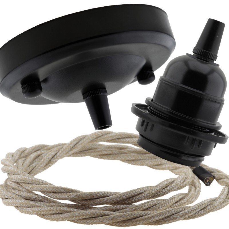 Ceiling Pendant Kit with Large Rose and E27 Lampholder in Matte Black Finish with Linen Effect Flex Ceiling Pendant Kit with Large Rose and E27 Lampholder in Matte Black Finish with Linen Effect Flex