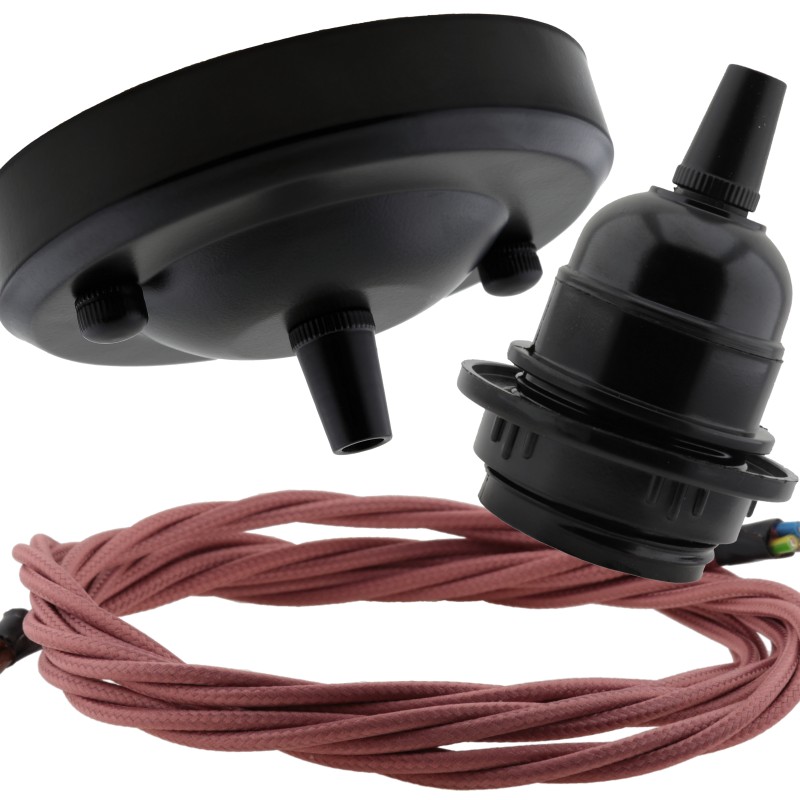 Ceiling Pendant Kit with Large Rose and E27 Lampholder in Matte Black Finish with Mocha Brown Flex Ceiling Pendant Kit with Large Rose and E27 Lampholder in Matte Black Finish with Mocha Brown Flex