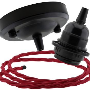 Ceiling Pendant Kit with Large Rose and E27 Lampholder in Matte Black Finish with Rich Burgundy Flex
