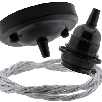 Ceiling Pendant Kit with Large Rose and E27 Lampholder in Matte Black Finish with Silver Grey Flex