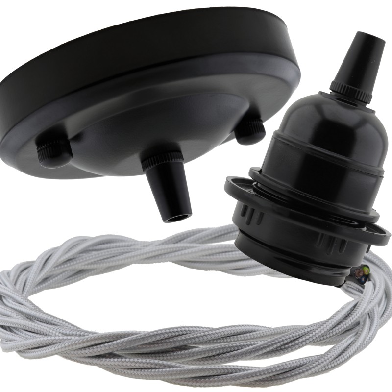 Ceiling Pendant Kit with Large Rose and E27 Lampholder in Matte Black Finish with Silver Grey Flex Ceiling Pendant Kit with Large Rose and E27 Lampholder in Matte Black Finish with Silver Grey Flex