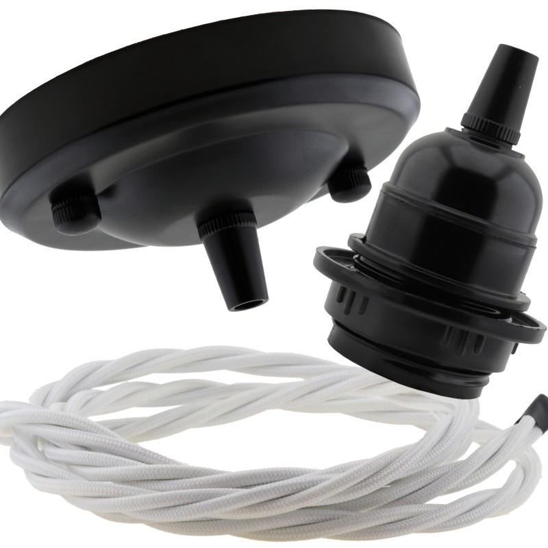 Ceiling Pendant Kit with Large Rose and E27 Lampholder in Matte Black Finish with White Flex Ceiling Pendant Kit with Large Rose and E27 Lampholder in Matte Black Finish with White Flex