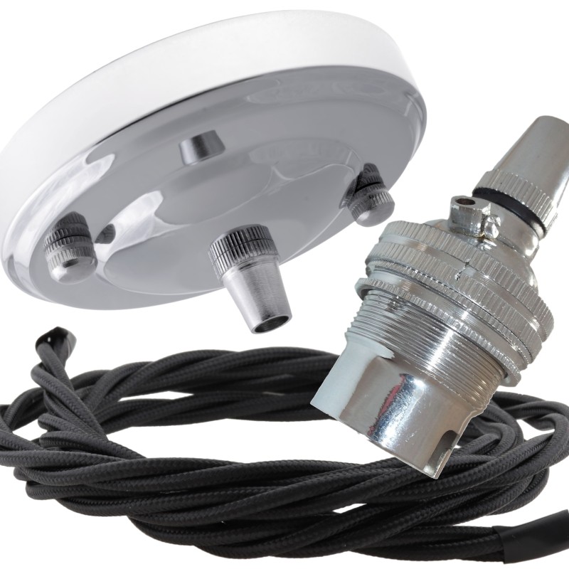Ceiling Pendant Kit with Large Silver Nickel Rose and B22 Lampholder with Black Flex Ceiling Pendant Kit with Large Silver Nickel Rose and B22 Lampholder with Black Flex