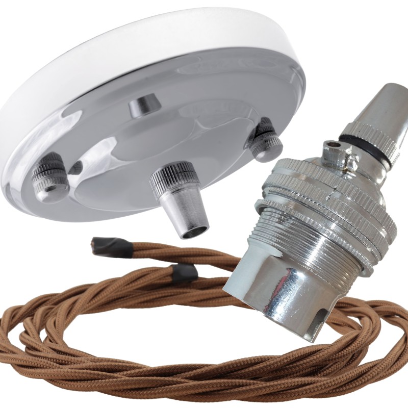 Ceiling Pendant Kit with Large Rose and B22 Lampholder in Silver Nickel Finish with Flex Ceiling Pendant Kit with Large Rose and B22 Lampholder in Silver Nickel Finish with Flex