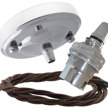 Ceiling Pendant Kit with Large Rose and B22 Lampholder in Silver Nickel Finish with Mocha Brown Flex