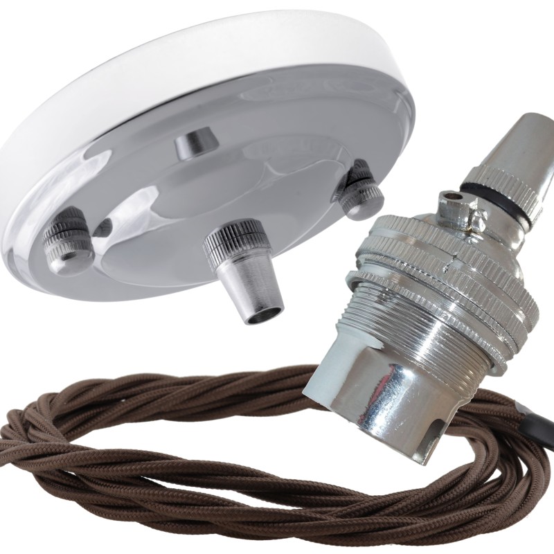 Ceiling Pendant Kit with Large Rose and B22 Lampholder in Silver Nickel Finish with Mocha Brown Flex Ceiling Pendant Kit with Large Rose and B22 Lampholder in Silver Nickel Finish with Mocha Brown Flex
