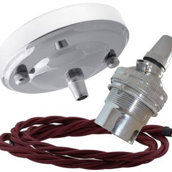 Ceiling Pendant Kit with Large Rose and B22 Lampholder in Silver Nickel Finish with Rich Burgundy Flex
