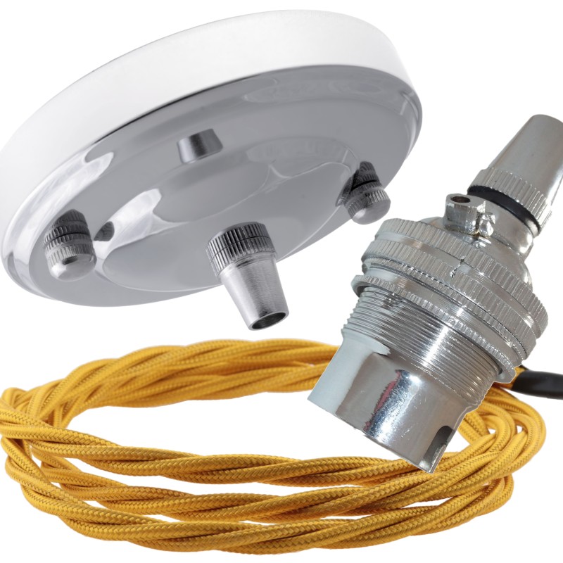 Ceiling Pendant Kit with Large Rose and B22 Lampholder in Silver Nickel Finish with Gold Flex Ceiling Pendant Kit with Large Rose and B22 Lampholder in Silver Nickel Finish with Gold Flex