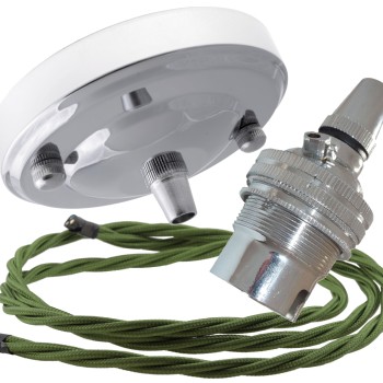 Ceiling Pendant Kit with Large Rose and B22 Lampholder in Silver Nickel Finish with Green Flex