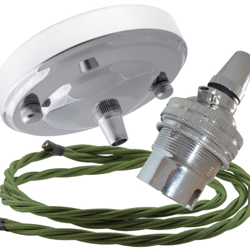 Ceiling Pendant Kit with Large Rose and B22 Lampholder in Silver Nickel Finish with Green Flex Ceiling Pendant Kit with Large Rose and B22 Lampholder in Silver Nickel Finish with Green Flex