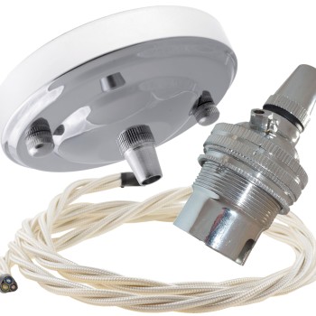 Ceiling Pendant Kit with Large Rose and B22 Lampholder in Silver Nickel Finish with Classic Ivory Flex