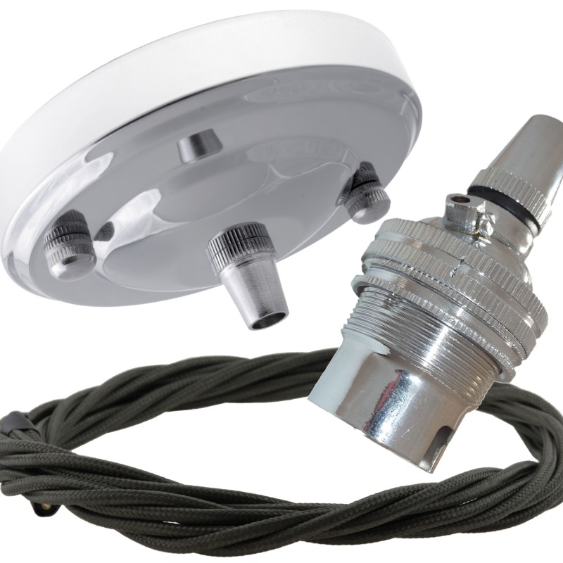 Ceiling Pendant Kit with Large Rose and B22 Lampholder in Silver Nickel Finish with Khaki Green Flex Ceiling Pendant Kit with Large Rose and B22 Lampholder in Silver Nickel Finish with Khaki Green Flex