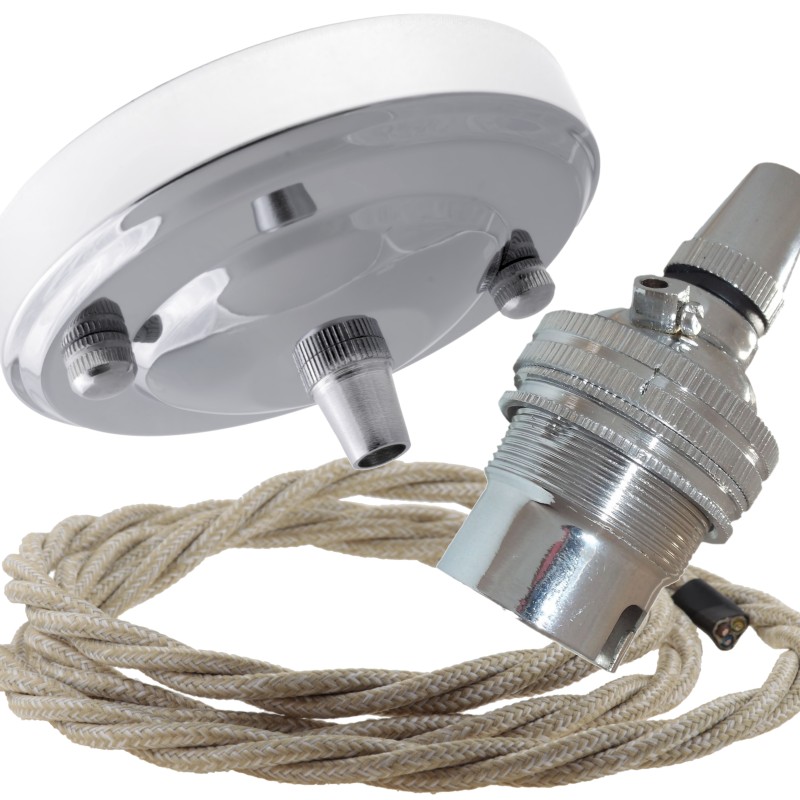Ceiling Pendant Kit with Large Rose and B22 Lampholder in Silver Nickel Finish with Linen Effect Flex Ceiling Pendant Kit with Large Rose and B22 Lampholder in Silver Nickel Finish with Linen Effect Flex