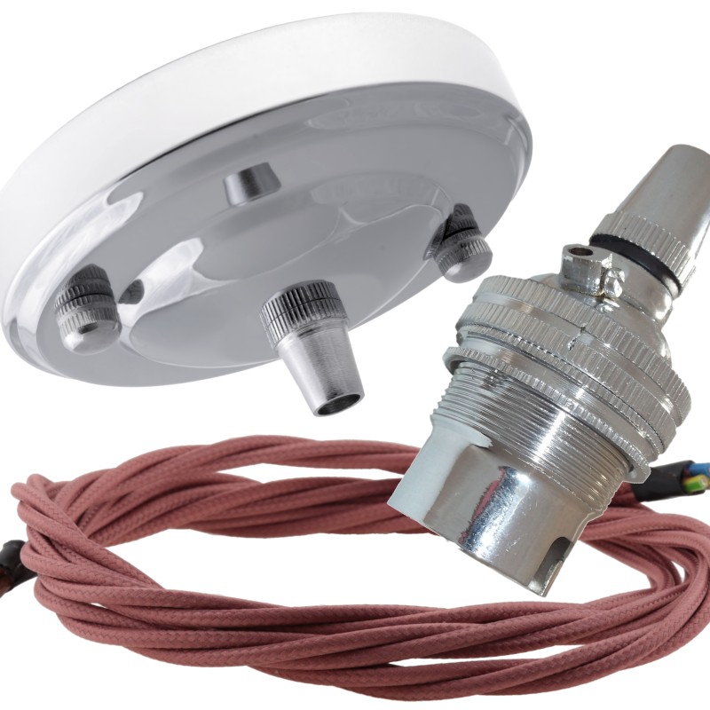 Ceiling Pendant Kit with Large Rose and B22 Lampholder in Silver Nickel Finish with Dusky Pink Flex Ceiling Pendant Kit with Large Rose and B22 Lampholder in Silver Nickel Finish with Dusky Pink Flex