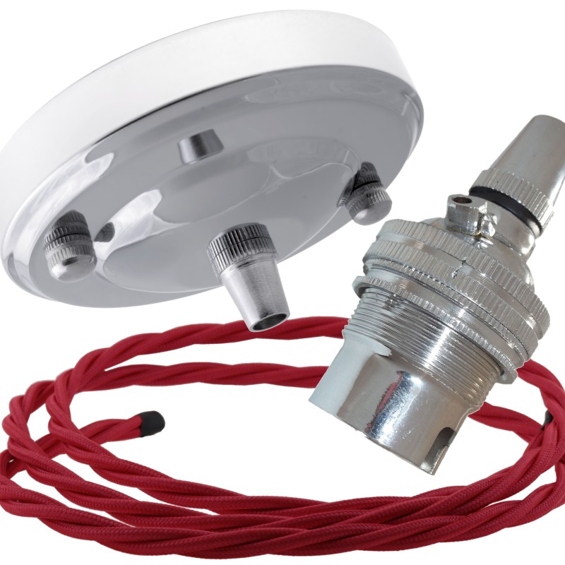 Ceiling Pendant Kit with Large Rose and B22 Lampholder in Silver Nickel Finish with Bright Red Flex Ceiling Pendant Kit with Large Rose and B22 Lampholder in Silver Nickel Finish with Bright Red Flex