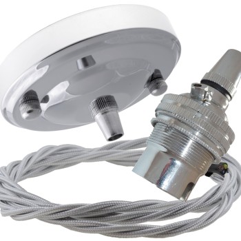 Ceiling Pendant Kit with Large Rose and B22 Lampholder in Silver Nickel Finish with Silver Grey Flex