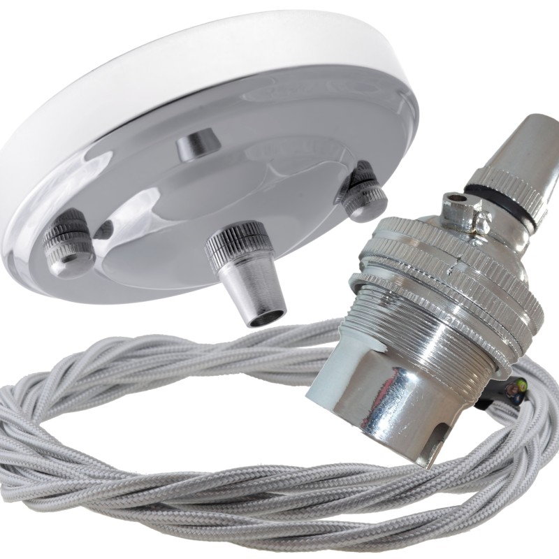 Ceiling Pendant Kit with Large Rose and B22 Lampholder in Silver Nickel Finish with Silver Grey Flex Ceiling Pendant Kit with Large Rose and B22 Lampholder in Silver Nickel Finish with Silver Grey Flex