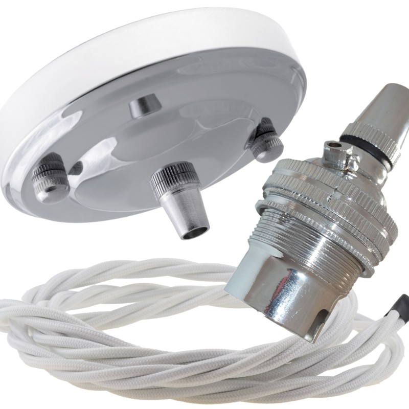 Ceiling Pendant Kit with Large Rose and B22 Lampholder in Silver Nickel Finish with White Flex Ceiling Pendant Kit with Large Rose and B22 Lampholder in Silver Nickel Finish with White Flex