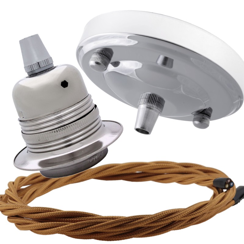 Ceiling Pendant Kit with Large Silver Rose and E27 Lampholder in Silver Nickel Finish with Antique Gold Flex Ceiling Pendant Kit with Large Silver Rose and E27 Lampholder in Silver Nickel Finish with Antique Gold Flex