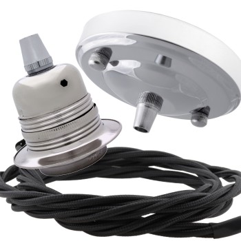 Ceiling Pendant Kit with Large Silver Rose and E27 Lampholder in Silver Nickel Finish with Black Flex