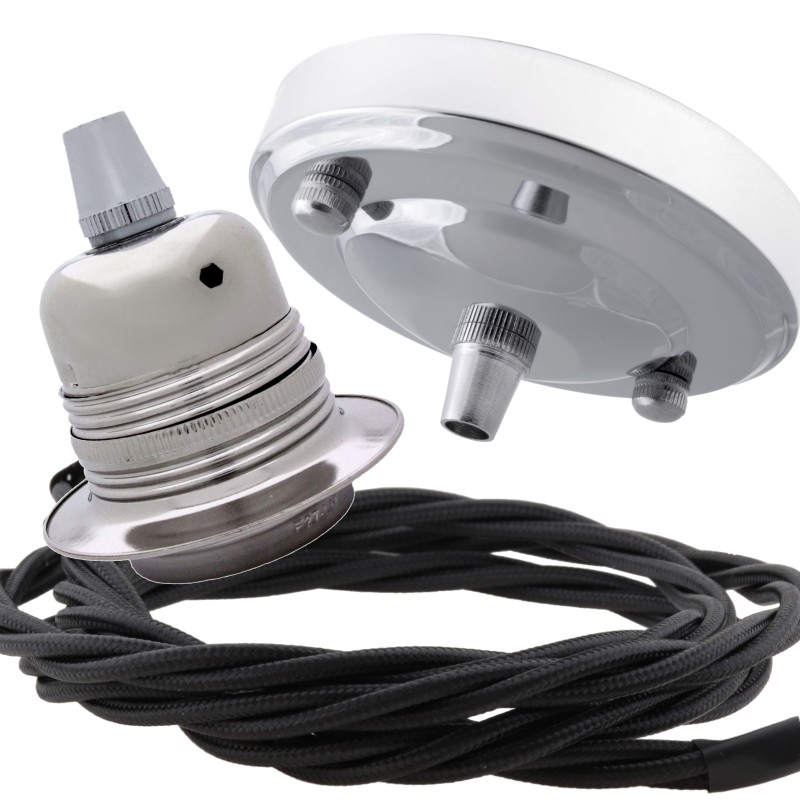 Ceiling Pendant Kit with Large Silver Rose and E27 Lampholder in Silver Nickel Finish with Black Flex Ceiling Pendant Kit with Large Silver Rose and E27 Lampholder in Silver Nickel Finish with Black Flex
