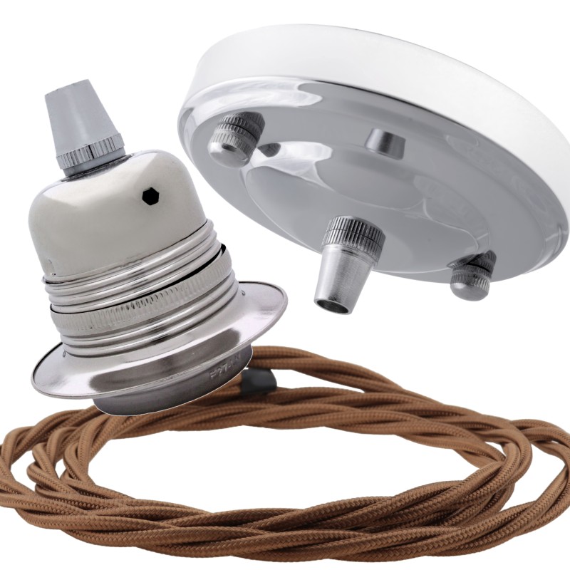 Ceiling Pendant Kit with Large Silver Rose and E27 Lampholder in Silver Nickel Finish with Bronze Flex Ceiling Pendant Kit with Large Silver Rose and E27 Lampholder in Silver Nickel Finish with Bronze Flex