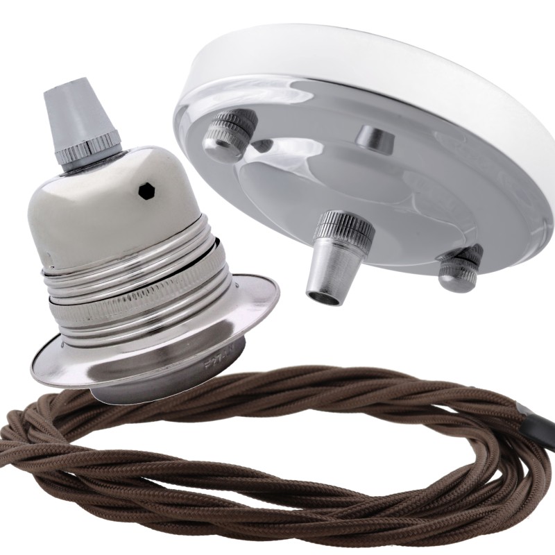 Ceiling Pendant Kit with Large Silver Rose and E27 Lampholder in Silver Nickel Finish with Mocha Brown Flex Ceiling Pendant Kit with Large Silver Rose and E27 Lampholder in Silver Nickel Finish with Mocha Brown Flex