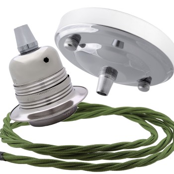 Ceiling Pendant Kit with Large Silver Rose and E27 Lampholder in Silver Nickel Finish with Green Flex