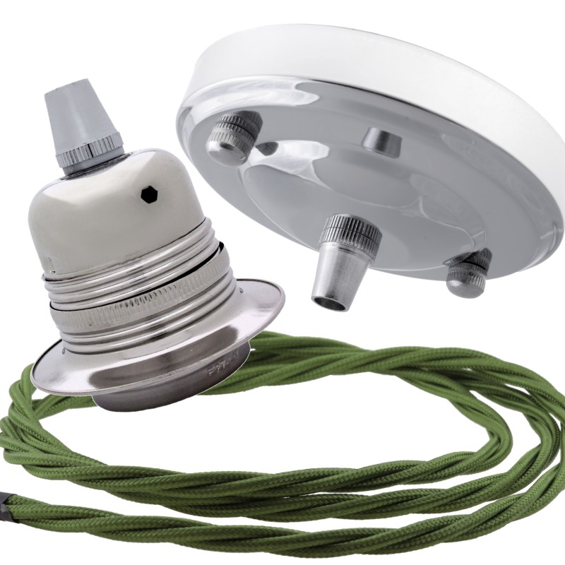 Ceiling Pendant Kit with Large Silver Rose and E27 Lampholder in Silver Nickel Finish with Green Flex Ceiling Pendant Kit with Large Silver Rose and E27 Lampholder in Silver Nickel Finish with Green Flex